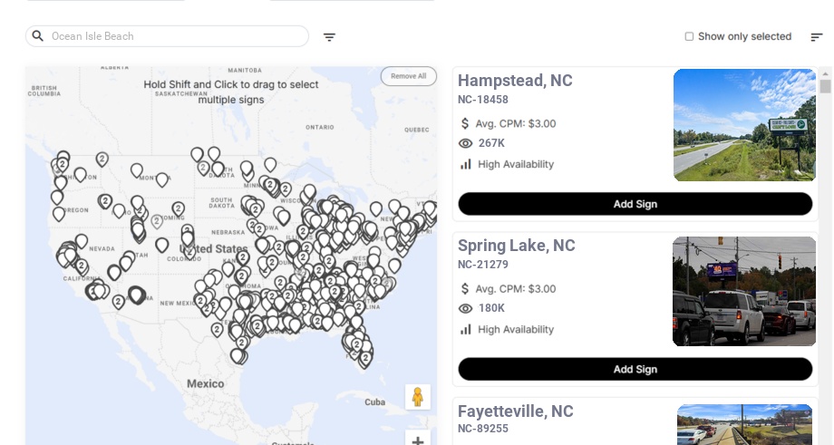 Billboard advertising in Ocean Isle Beach Nc, North Carolina - Choose your favorite location