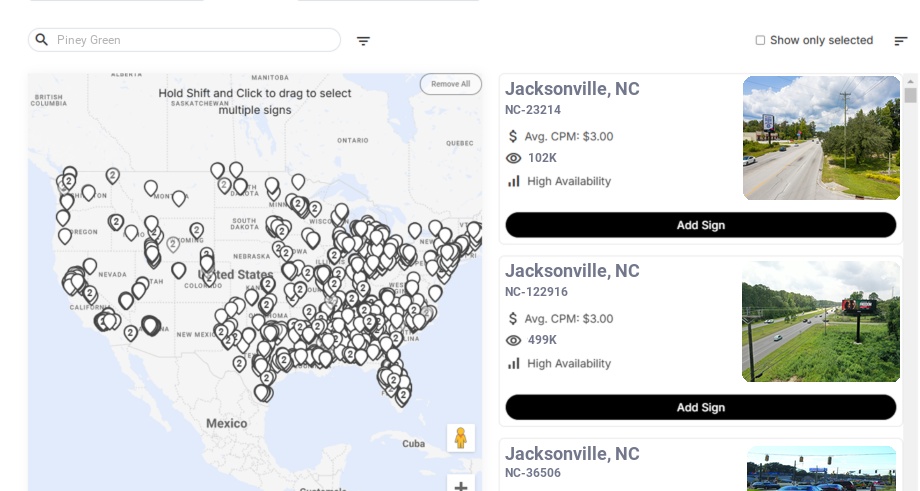 Billboard advertising in Piney Green Nc, North Carolina - Choose your favorite location