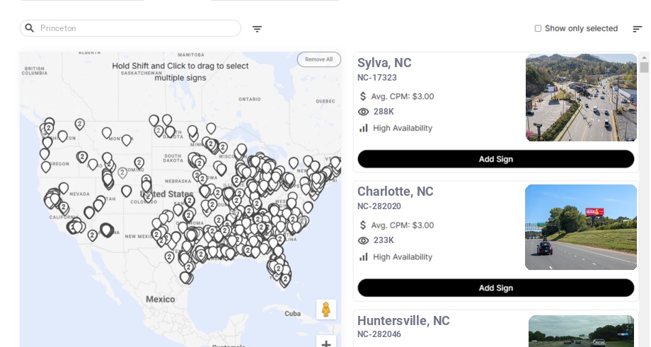 Billboard advertising in Princeton Nc, North Carolina - Choose your favorite location