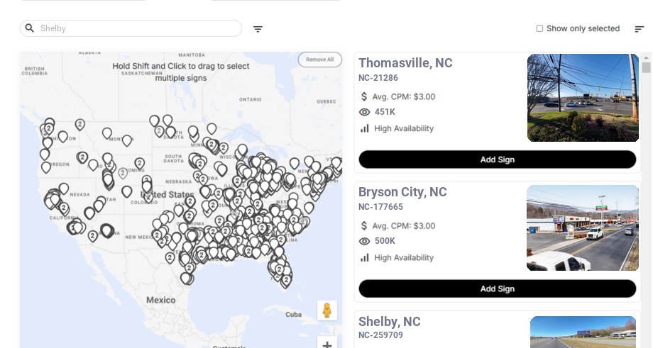 Billboard advertising in Shelby, North Carolina - Choose your favorite location