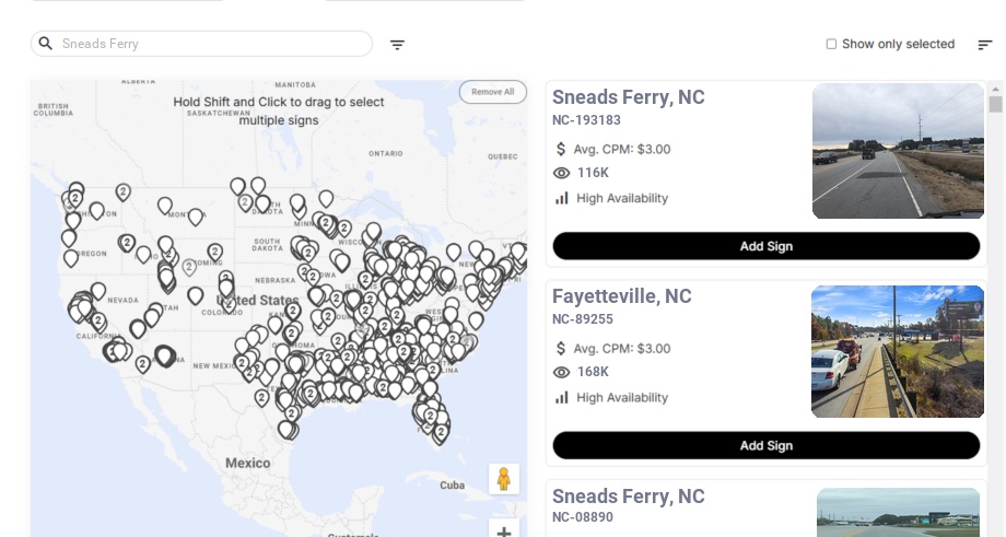 Billboard advertising in Sneads Ferry Nc, North Carolina - Choose your favorite location