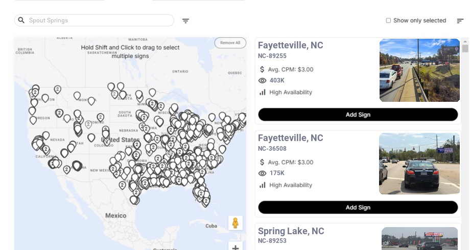 Billboard advertising in Spout Springs Nc, North Carolina - Choose your favorite location