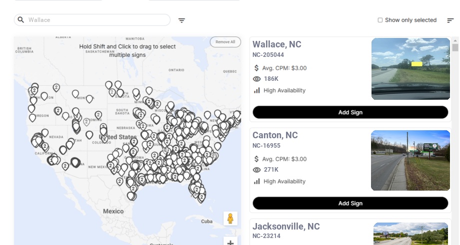 Billboard advertising in Wallace, North Carolina - Choose your favorite location