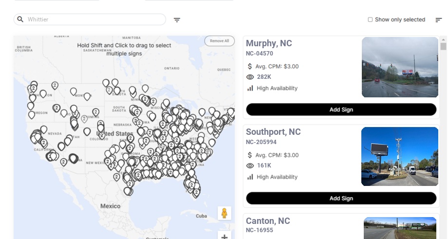 Billboard advertising in Whittier Nc, North Carolina - Choose your favorite location