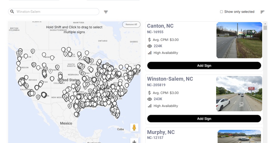 Billboard advertising in Winston Salem Nc, North Carolina - Choose your favorite location