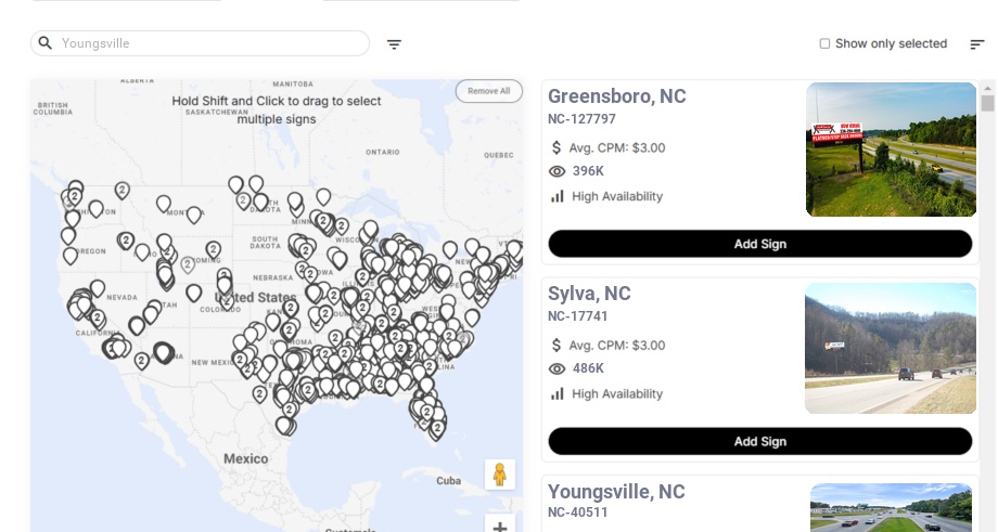 Billboard advertising in Youngsville Nc, North Carolina - Choose your favorite location