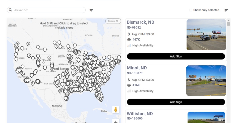 Billboard advertising in Alexander Nd, North Dakota - Choose your favorite location