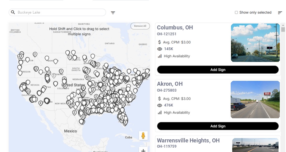 Billboard advertising in Buckeye Lake Oh, Ohio - Choose your favorite location