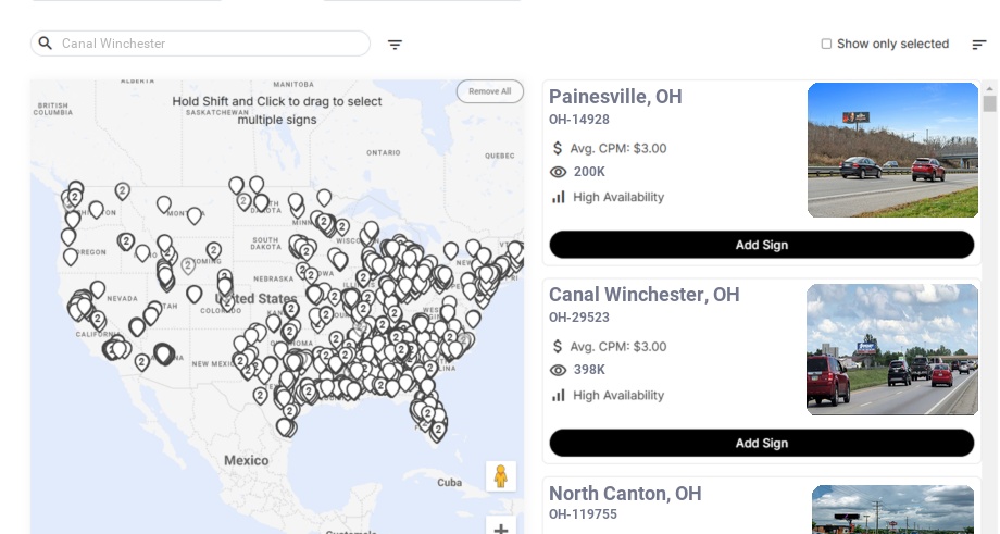 Billboard advertising in Canal Winchester Oh, Ohio - Choose your favorite location
