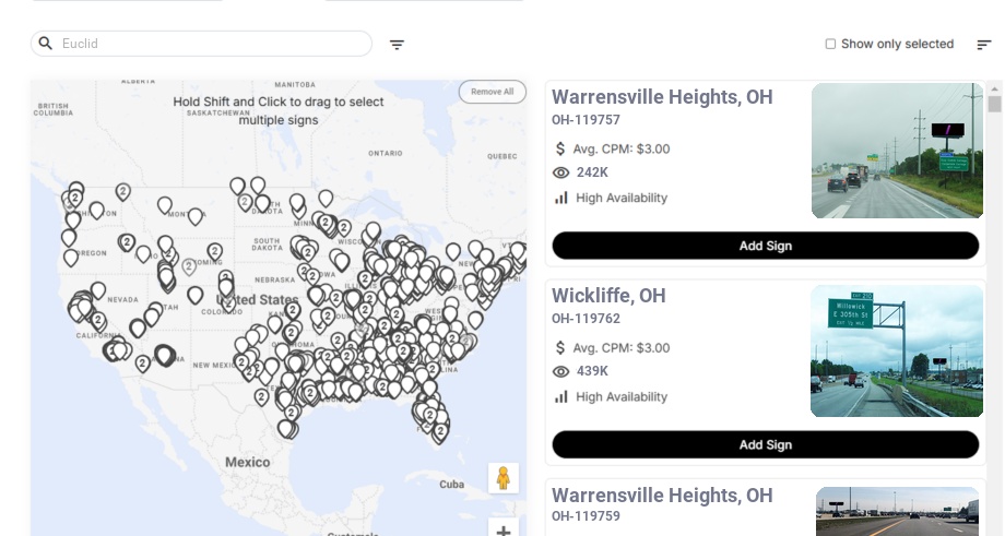 Billboard advertising in Euclid Oh, Ohio - Choose your favorite location