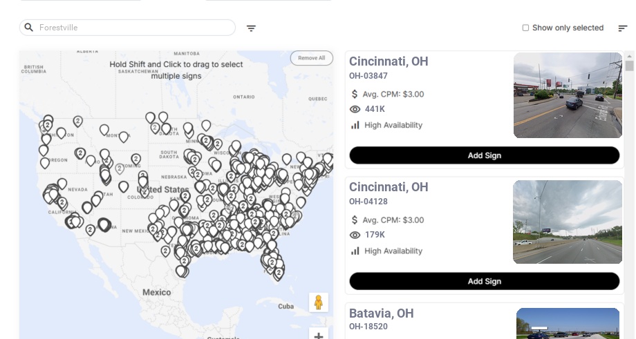 Billboard advertising in Forestville Oh, Ohio - Choose your favorite location
