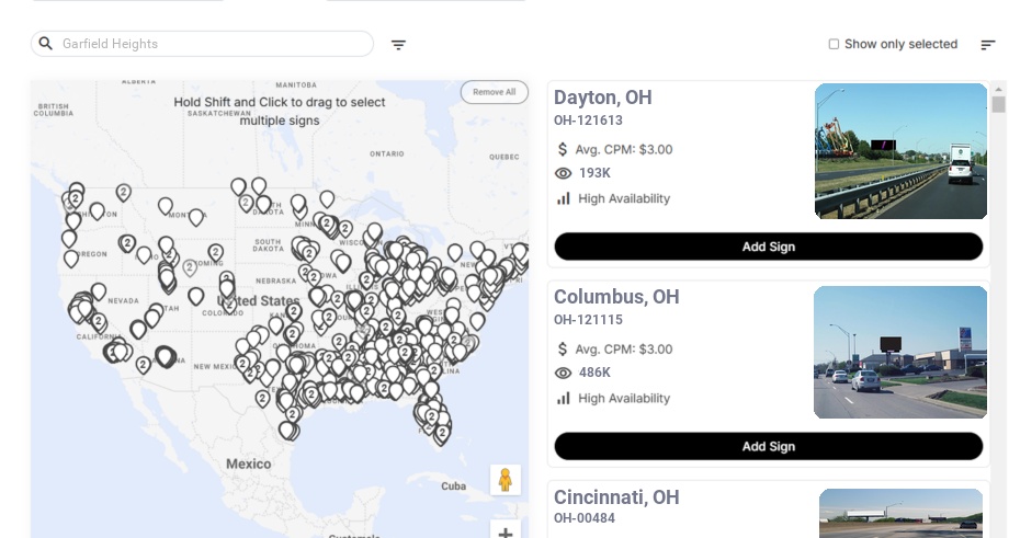 Billboard advertising in Garfield Heights Oh, Ohio - Choose your favorite location