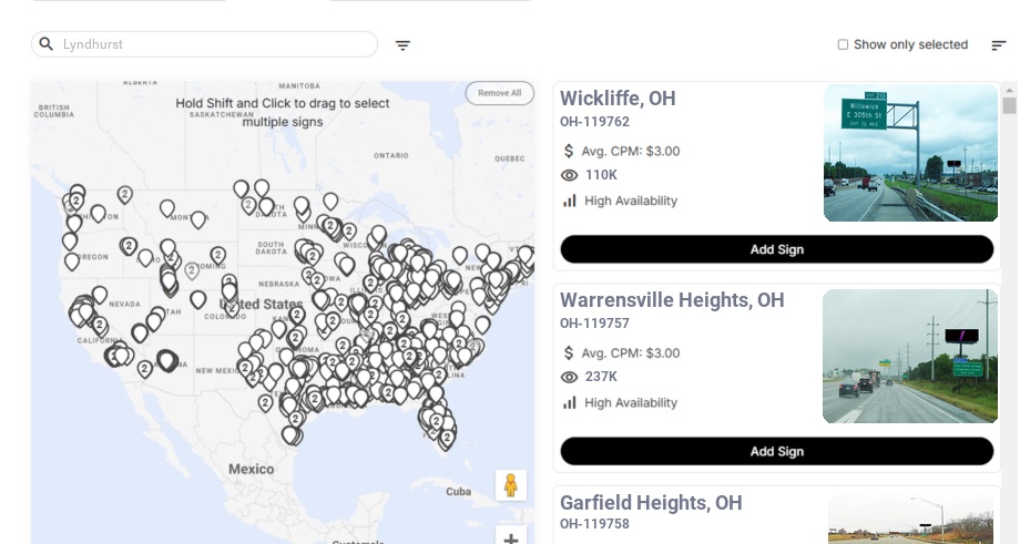 Billboard advertising in Lyndhurst Oh, Ohio - Choose your favorite location