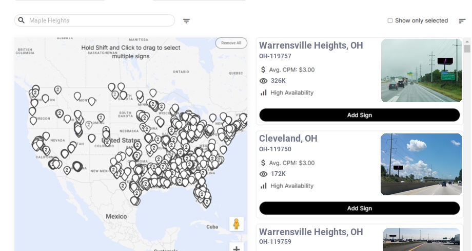Billboard advertising in Maple Heights Oh, Ohio - Choose your favorite location
