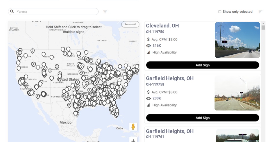 Billboard advertising in Parma Oh, Ohio - Choose your favorite location
