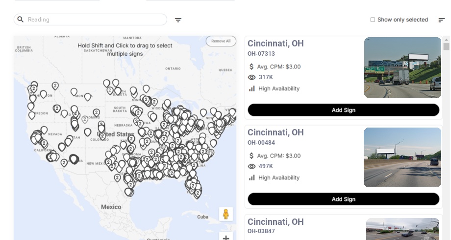 Billboard advertising in Reading Oh, Ohio - Choose your favorite location