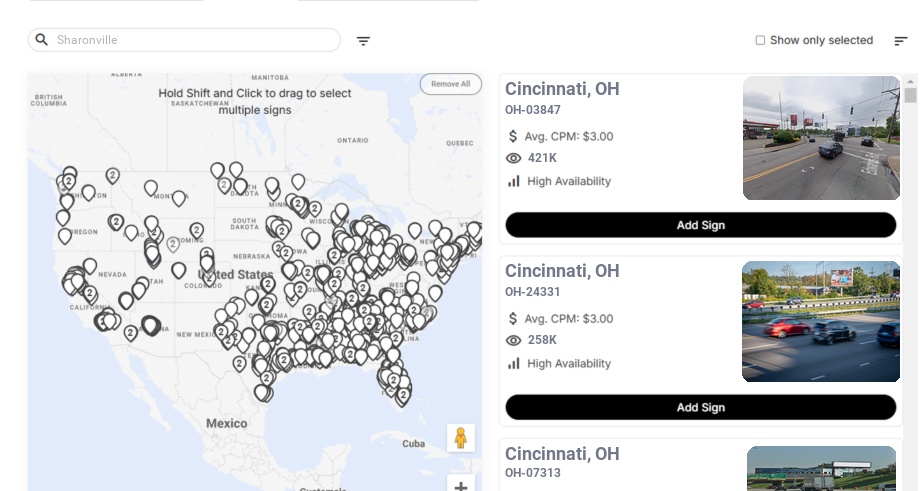 Billboard advertising in Sharonville Oh, Ohio - Choose your favorite location