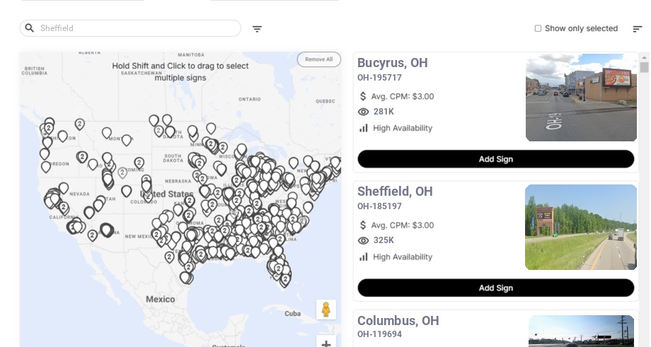 Billboard advertising in Sheffield Oh, Ohio - Choose your favorite location