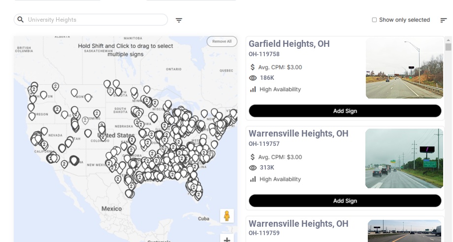 Billboard advertising in University Heights Oh, Ohio - Choose your favorite location