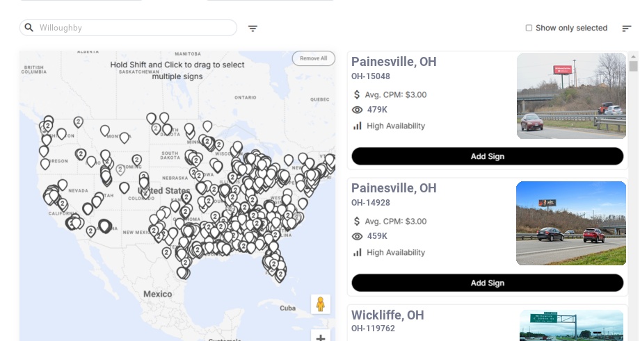 Billboard advertising in Willoughby Oh, Ohio - Choose your favorite location