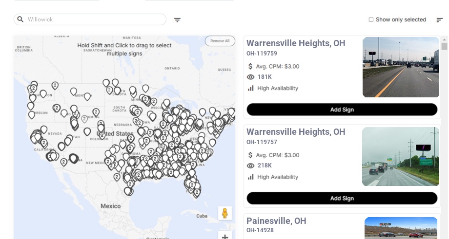 Billboard advertising in Willowick Oh, Ohio - Choose your favorite location