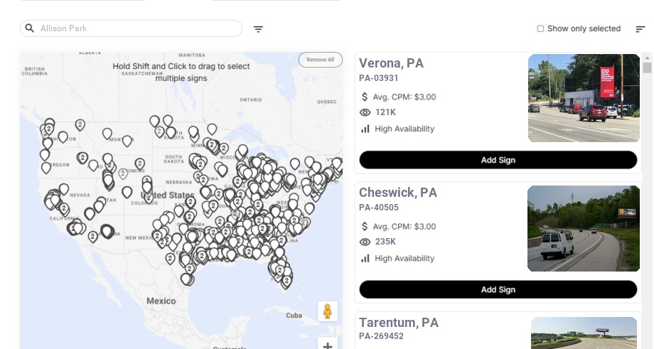 Billboard advertising in Allison Park Pa, Pennsylvania - Choose your favorite location