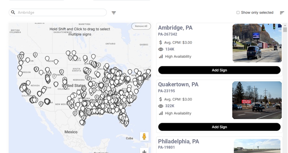 Billboard advertising in Ambridge, Pennsylvania - Choose your favorite location