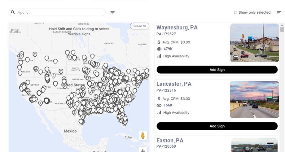 Billboard advertising in Apollo Pa, Pennsylvania - Choose your favorite location