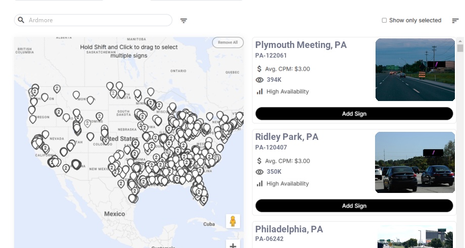 Billboard advertising in Ardmore Pa, Pennsylvania - Choose your favorite location