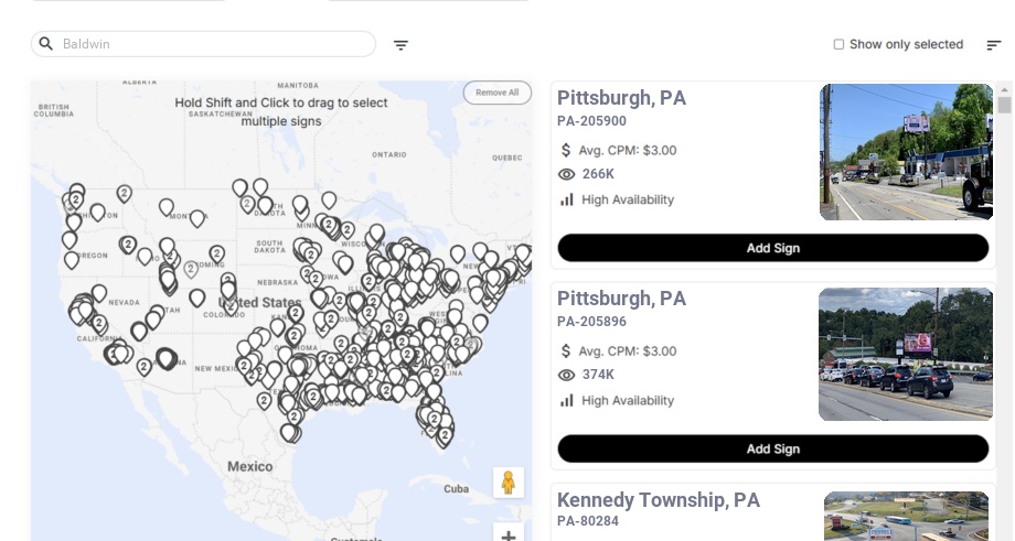 Billboard advertising in Baldwin Pa, Pennsylvania - Choose your favorite location