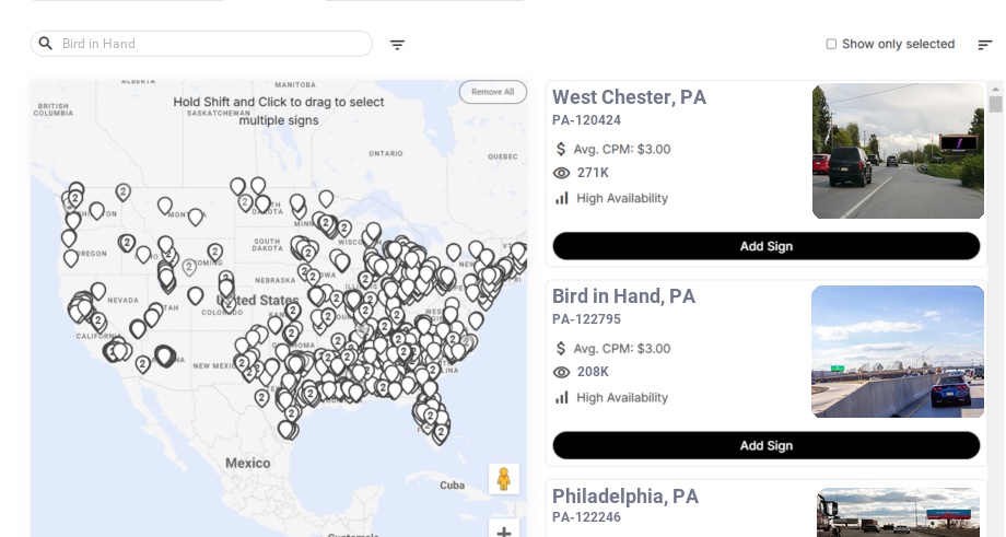 Billboard advertising in Bird In Hand Pa, Pennsylvania - Choose your favorite location