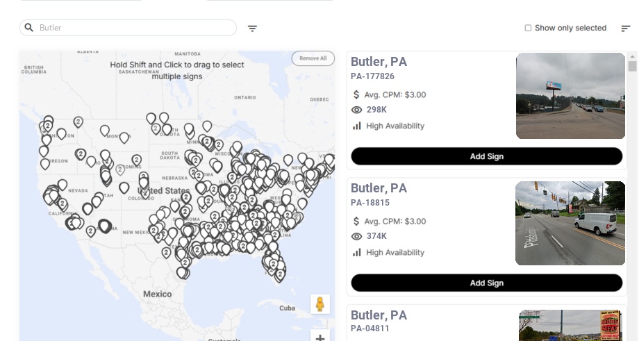 Billboard advertising in Butler Pa, Pennsylvania - Choose your favorite location