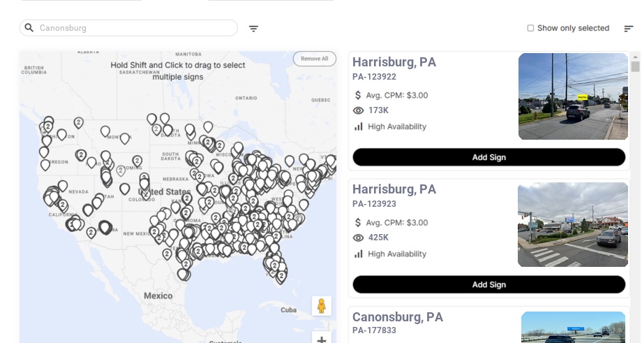 Billboard advertising in Canonsburg, Pennsylvania - Choose your favorite location
