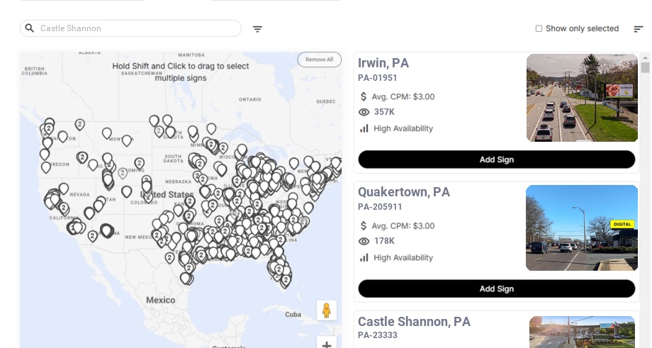 Billboard advertising in Castle Shannon Pa, Pennsylvania - Choose your favorite location
