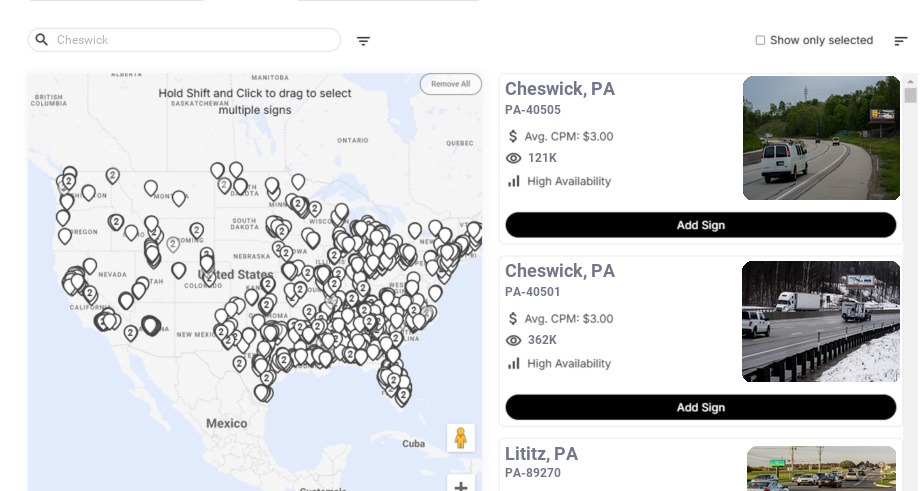 Billboard advertising in Cheswick, Pennsylvania - Choose your favorite location