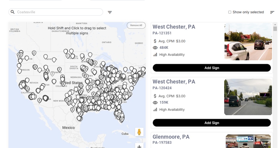 Billboard advertising in Coatesville Pa, Pennsylvania - Choose your favorite location