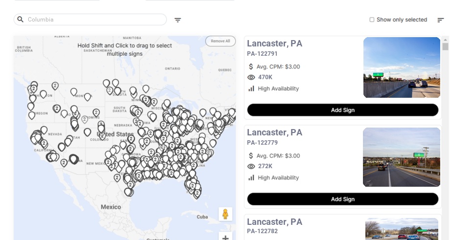 Billboard advertising in Columbia Pa, Pennsylvania - Choose your favorite location