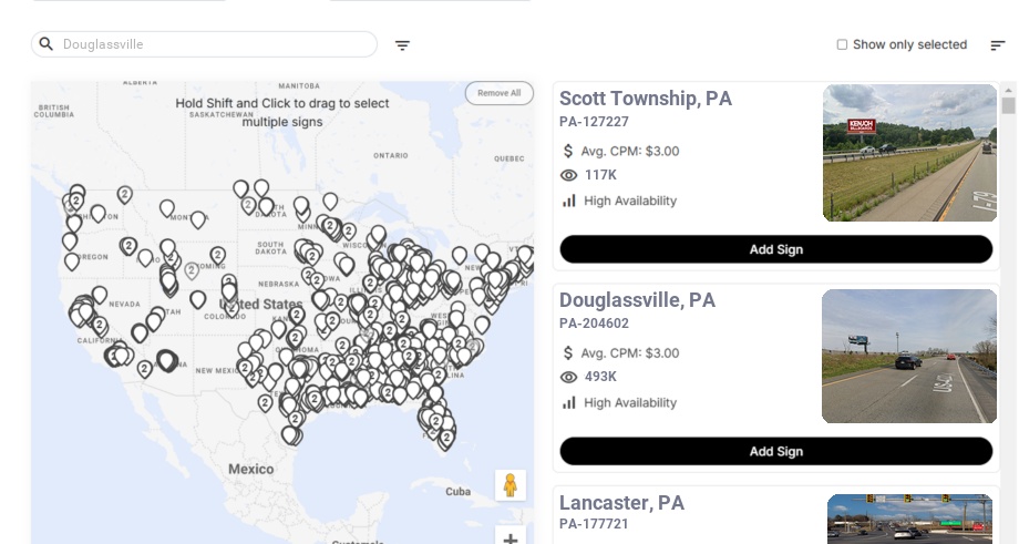 Billboard advertising in Douglassville Pa, Pennsylvania - Choose your favorite location
