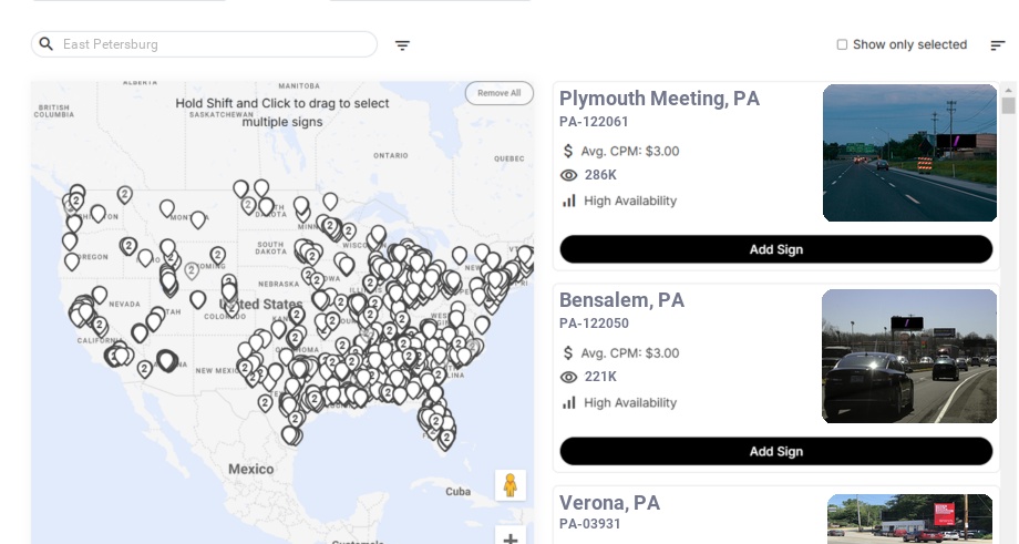 Billboard advertising in East Petersburg Pa, Pennsylvania - Choose your favorite location