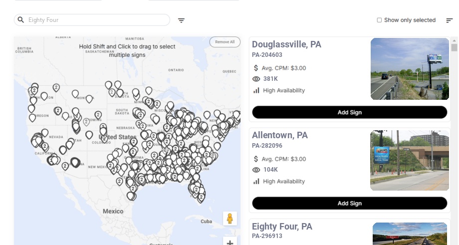 Billboard advertising in Eighty Four, Pennsylvania - Choose your favorite location