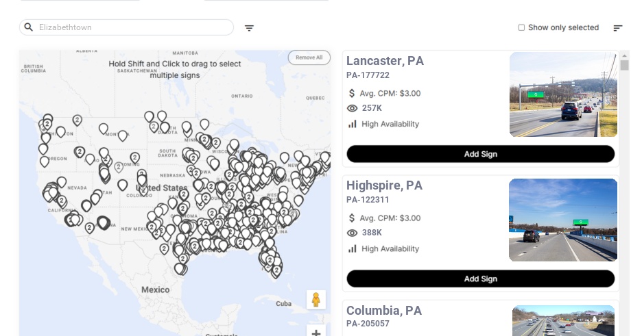 Billboard advertising in Elizabethtown Pa, Pennsylvania - Choose your favorite location
