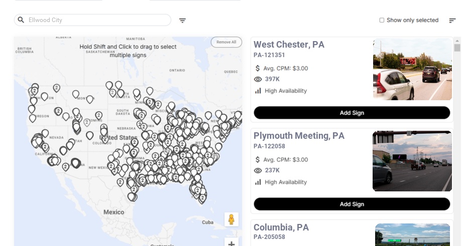 Billboard advertising in Ellwood City Pa, Pennsylvania - Choose your favorite location