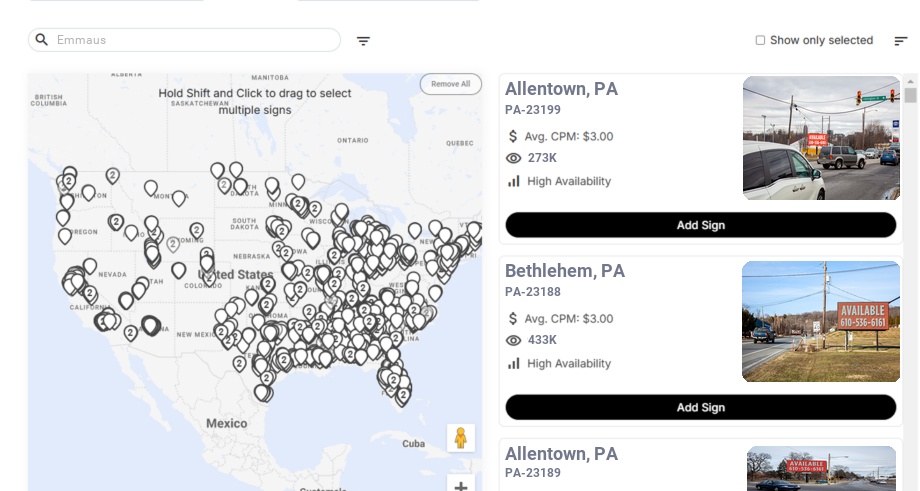 Billboard advertising in Emmaus Pa, Pennsylvania - Choose your favorite location