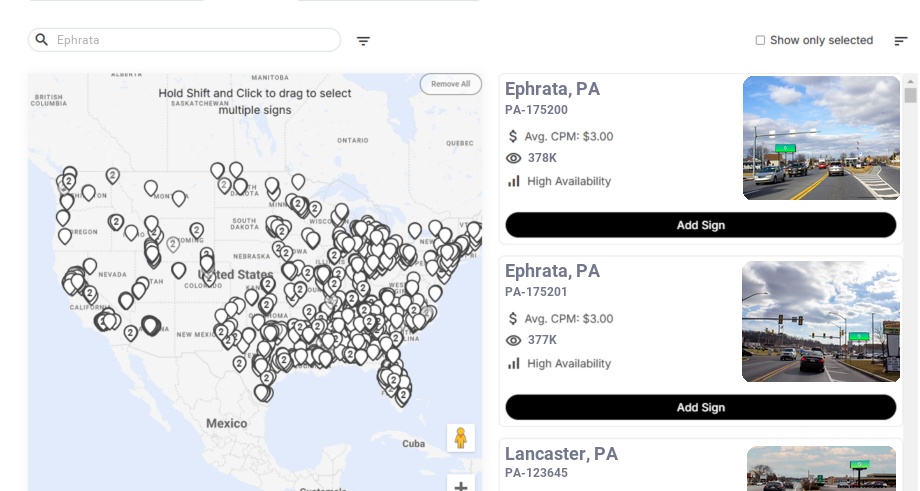 Billboard advertising in Ephrata, Pennsylvania - Choose your favorite location
