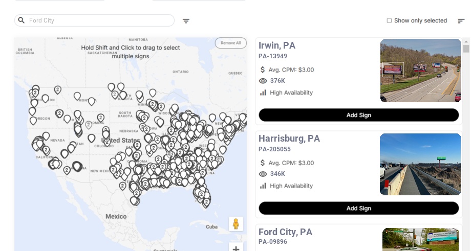 Billboard advertising in Ford City, Pennsylvania - Choose your favorite location