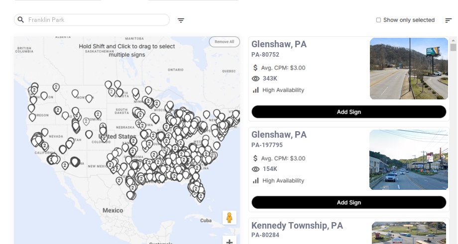 Billboard advertising in Franklin Park Pa, Pennsylvania - Choose your favorite location