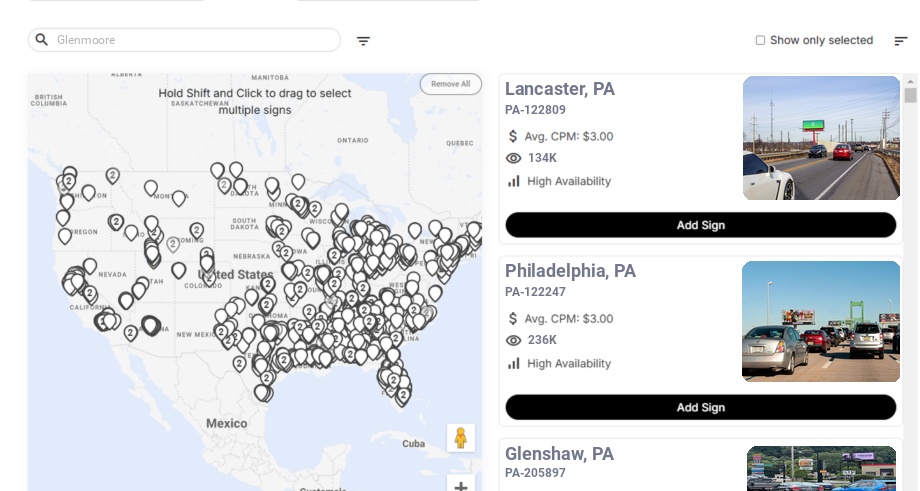 Billboard advertising in Glenmoore Pa, Pennsylvania - Choose your favorite location