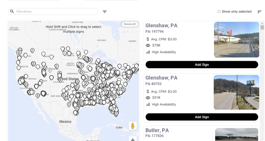 Billboard advertising in Glenshaw, Pennsylvania - Choose your favorite location