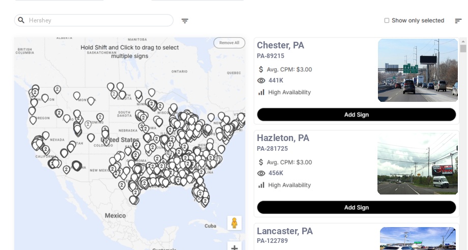 Billboard advertising in Hershey Pa, Pennsylvania - Choose your favorite location