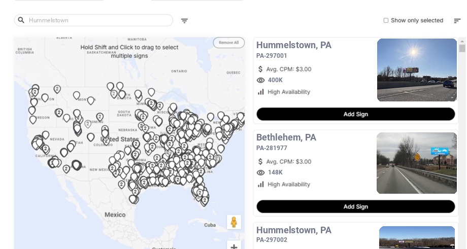 Billboard advertising in Hummelstown Pa, Pennsylvania - Choose your favorite location